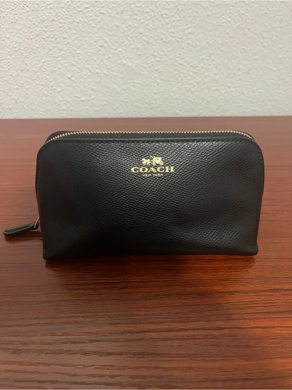 Coach Black Leather Double Zip Cosmetic Pouch with Gold Logo
